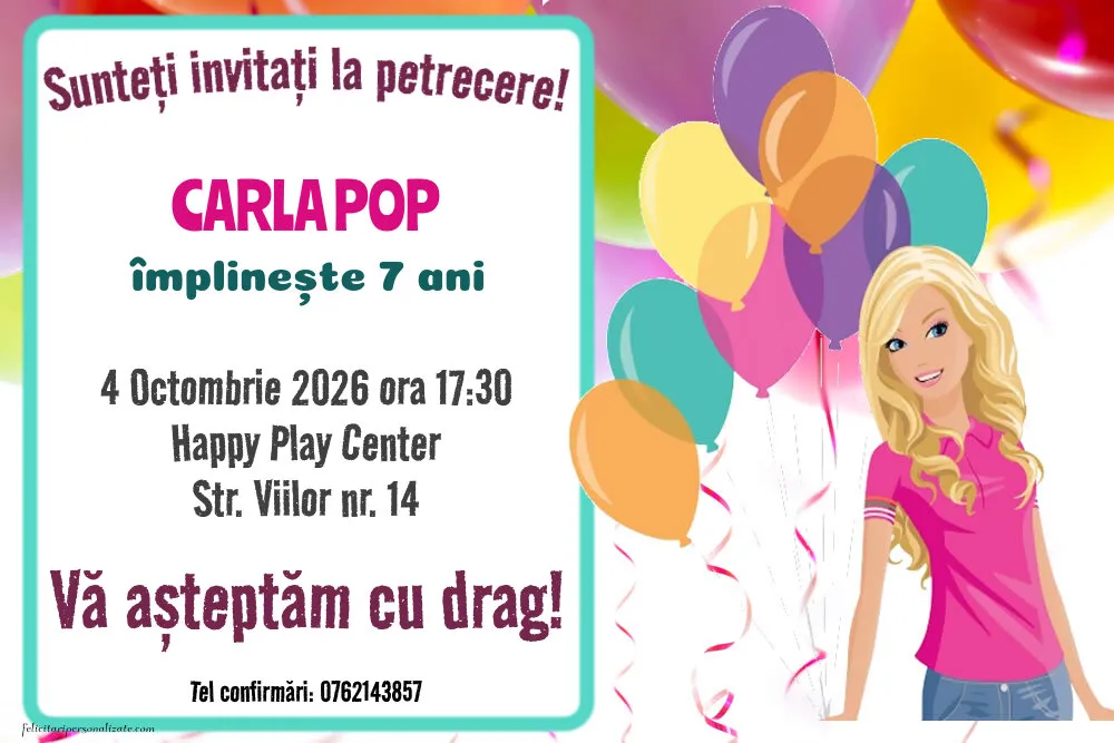 Exemplu completat: Invitație cu Barbie