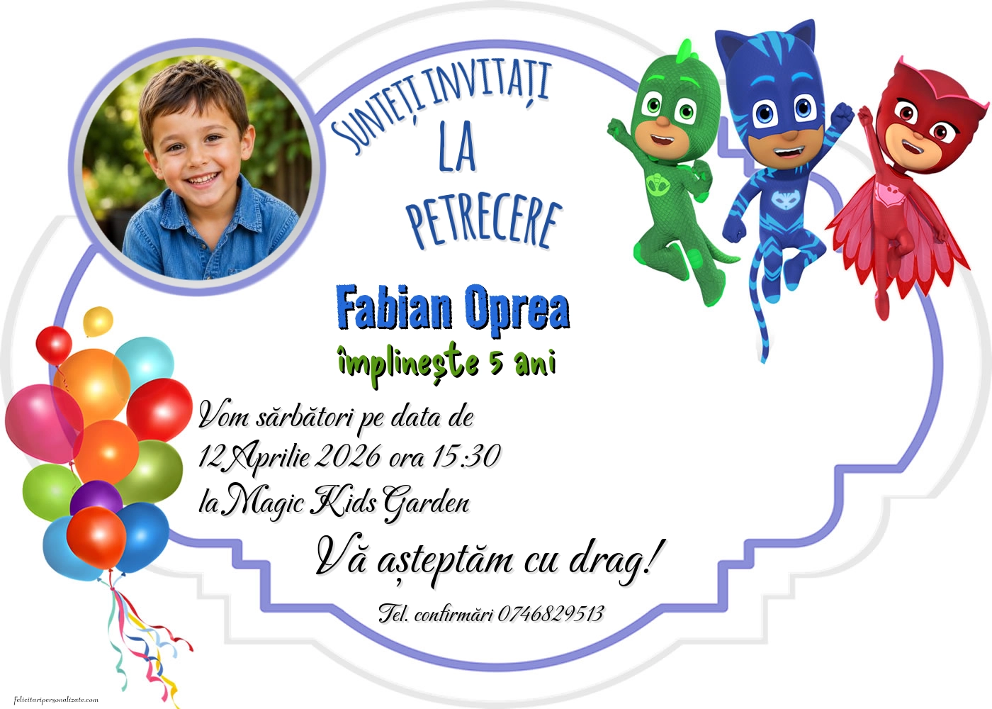 Exemplu completat: Invitație cu Eroi in pijamale