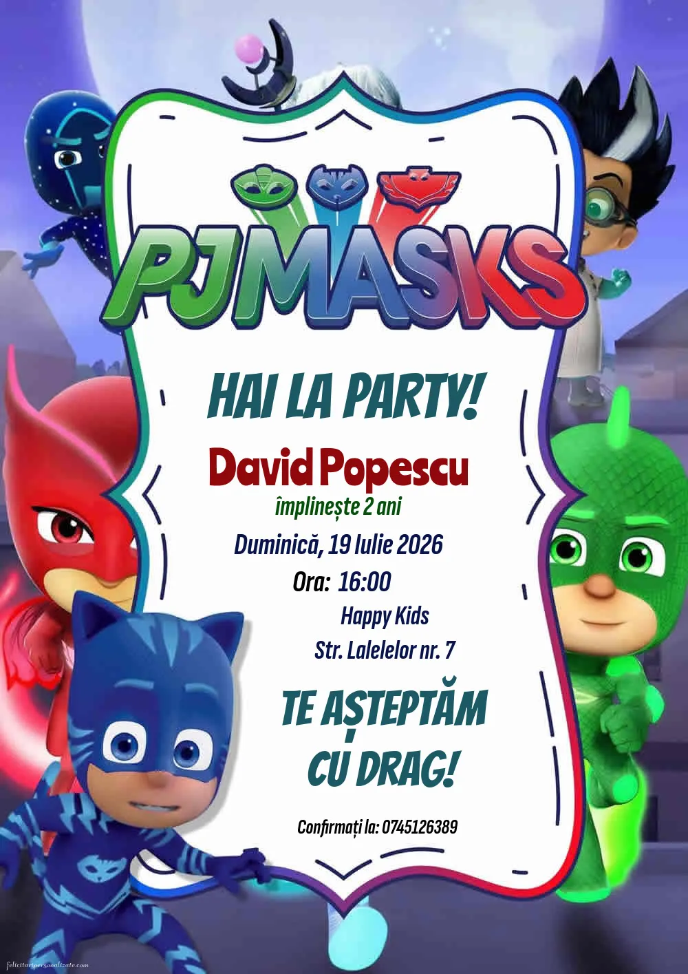 Exemplu completat: Invitație cu Eroi in pijamale