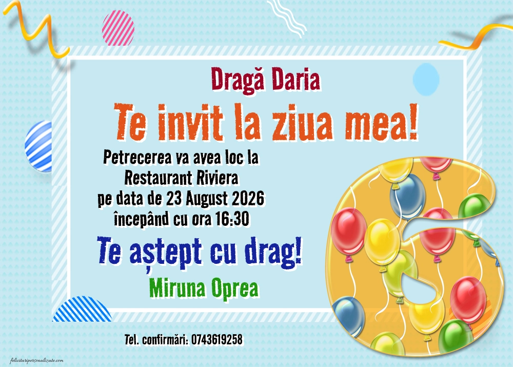 Exemplu completat: Invitație pentru 6 ani
