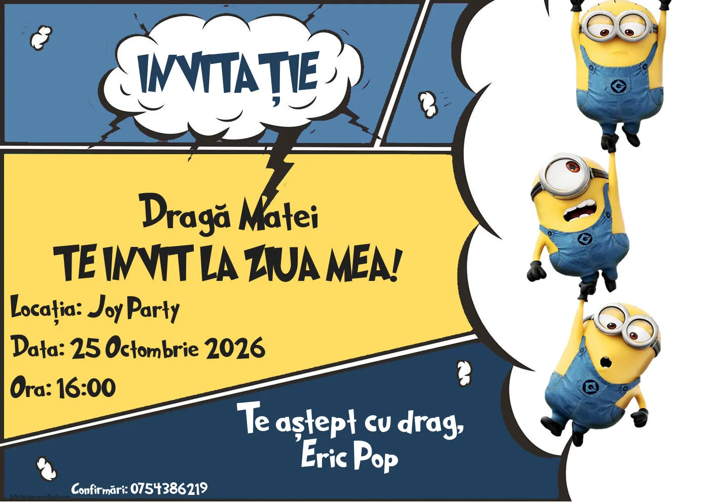 Exemplu completat: Invitație cu Minioni