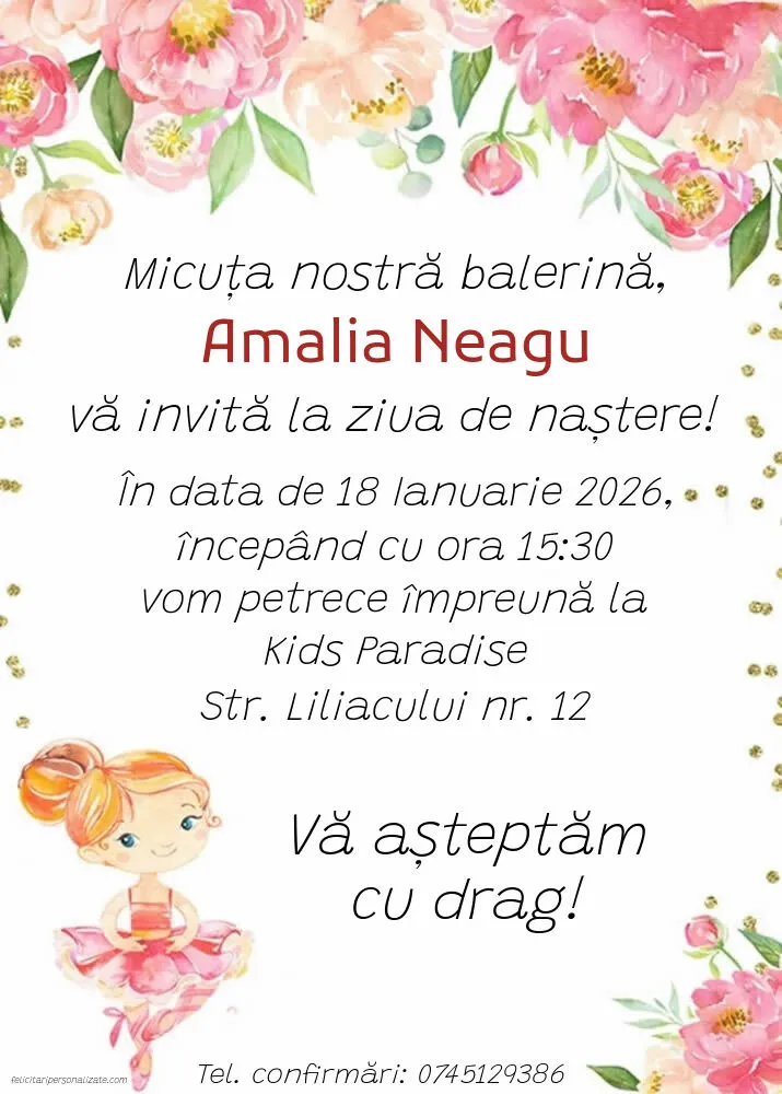 Exemplu completat: Invitație cu balerină