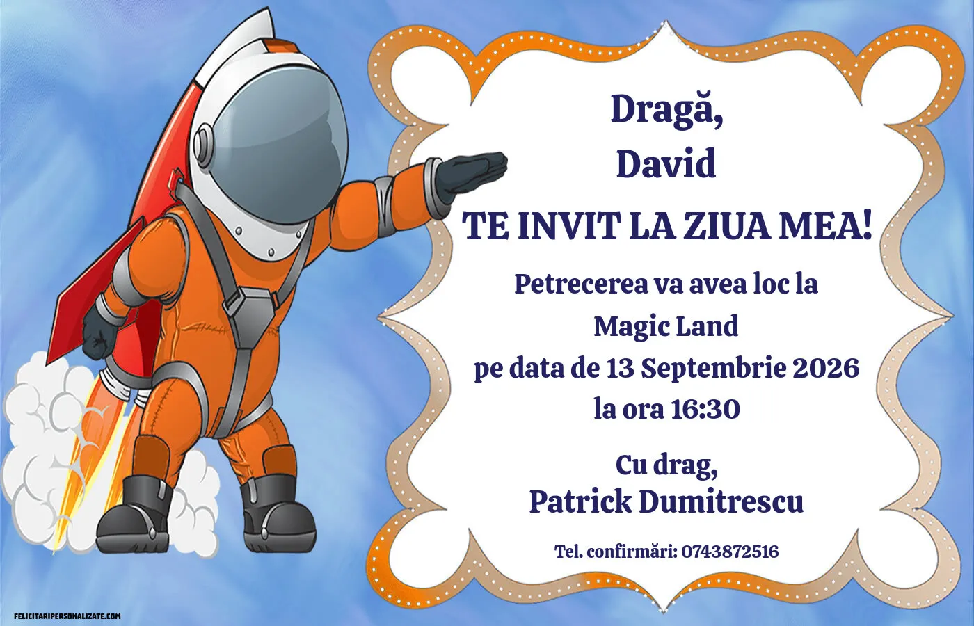 Exemplu completat: Invitație cu tema Cosmos