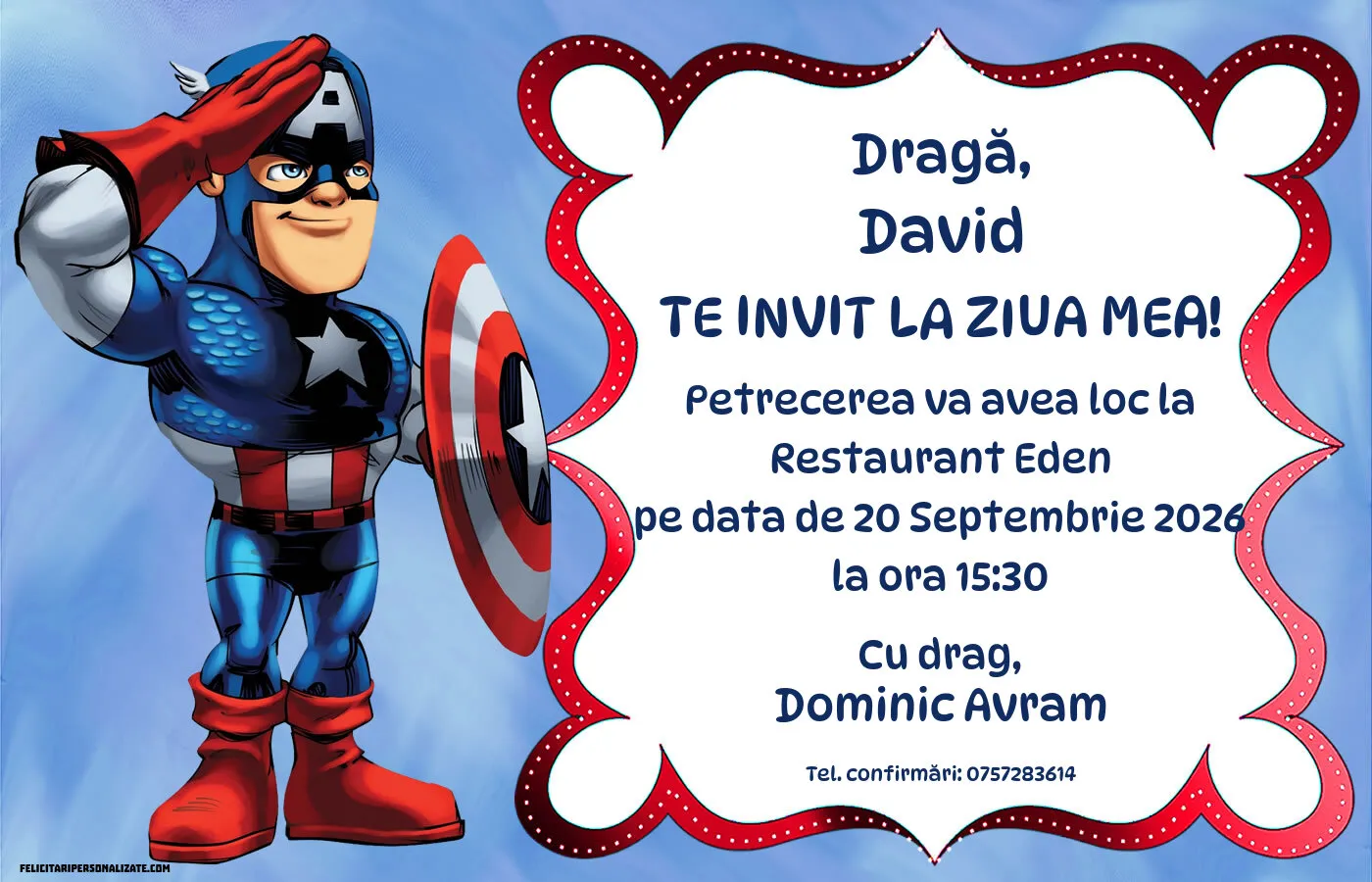 Exemplu completat: Invitație cu Captain America