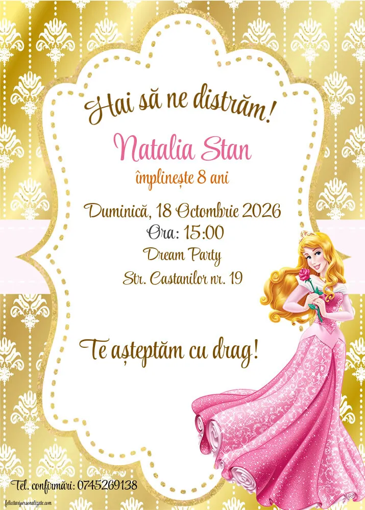 Exemplu completat: Invitație cu Printesa Aurora