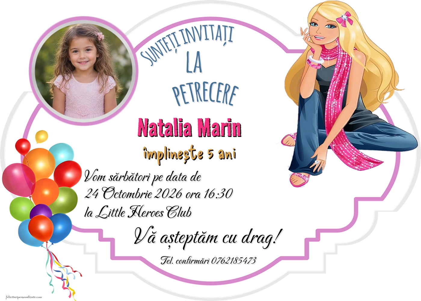 Exemplu completat: Invitație cu Barbie