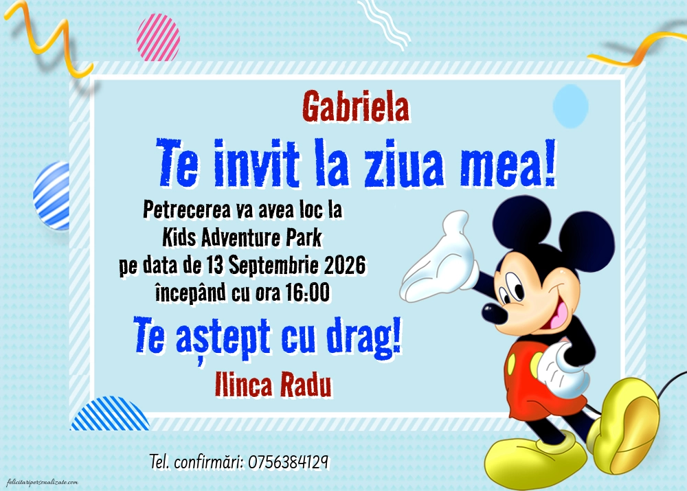 Exemplu completat: Invitație cu Mickey Mouse