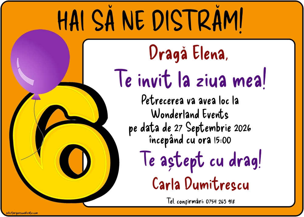 Exemplu completat: Invitație pentru 6 ani