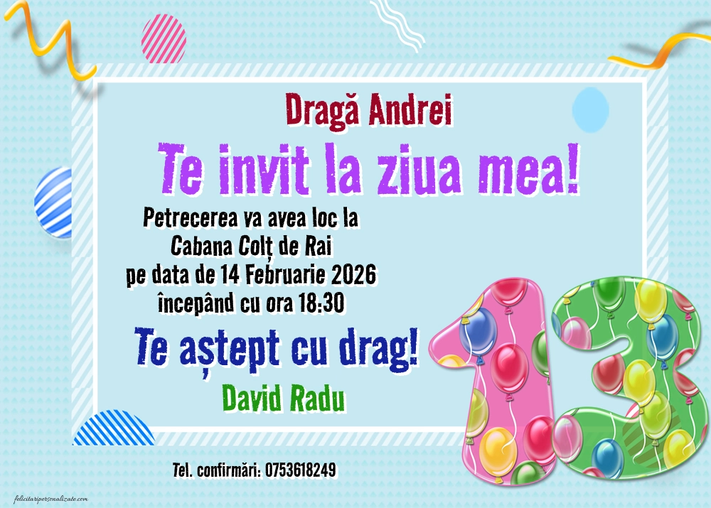 Exemplu completat: Invitație pentru 13 ani