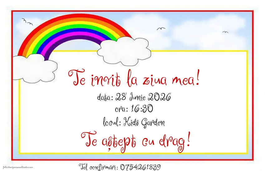 Exemplu completat: Invitație cu tema curcubeu