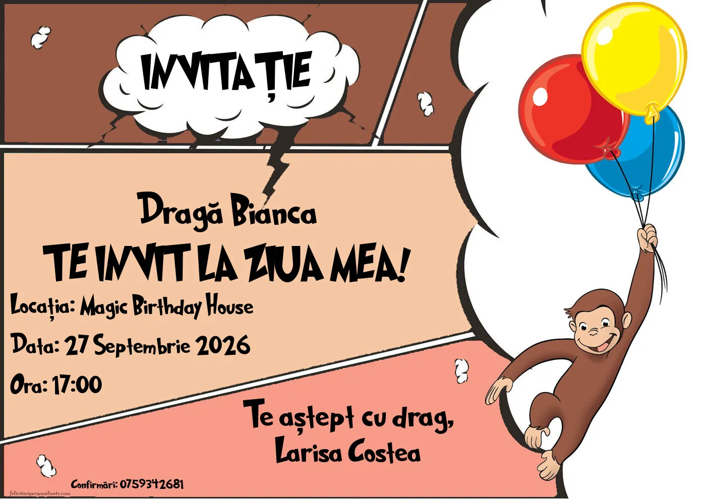 Exemplu completat: Invitație cu Curiosul George