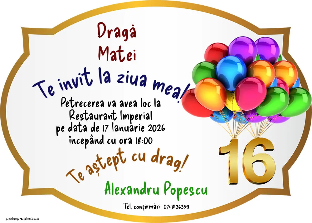 Exemplu completat: Invitație pentru 16 ani