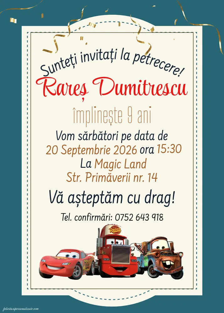 Exemplu completat: Invitație cu Cars