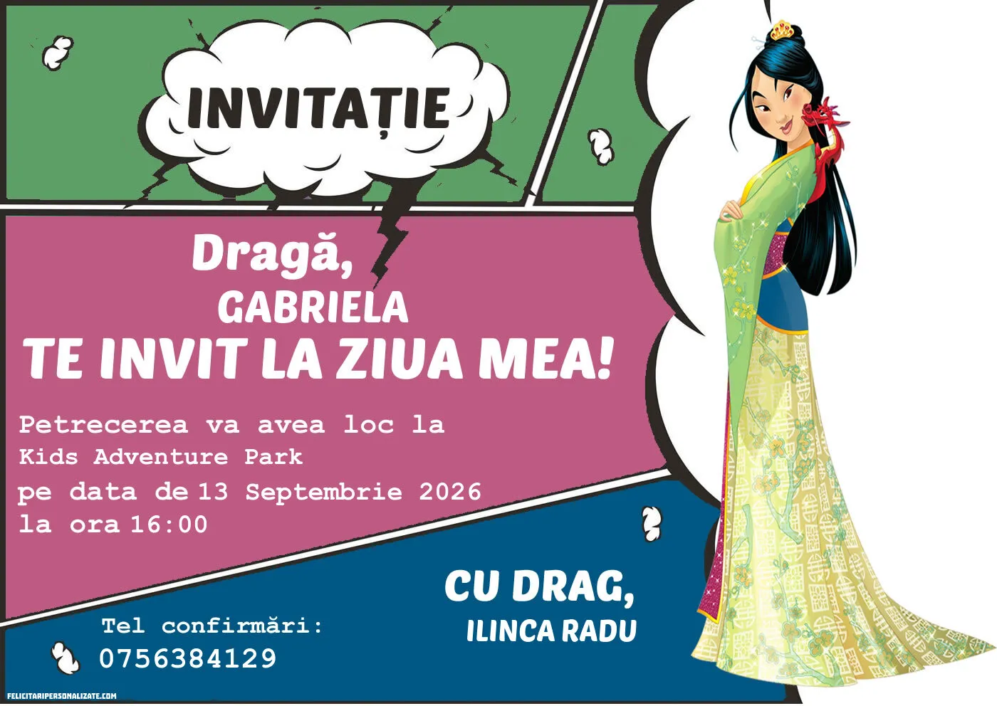 Exemplu completat: Invitație cu Mulan