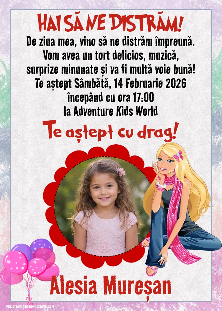 Exemplu completat: Invitație cu Barbie