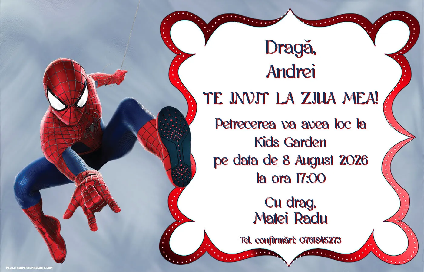 Exemplu completat: Invitație cu Spiderman