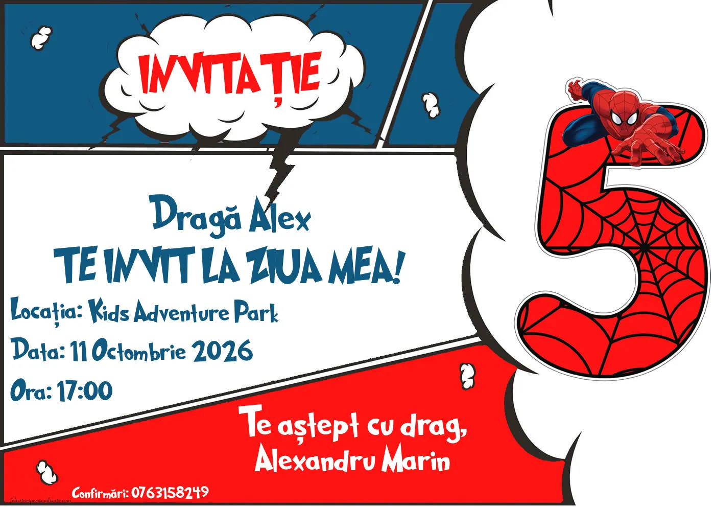 Exemplu completat: Invitație cu Spiderman