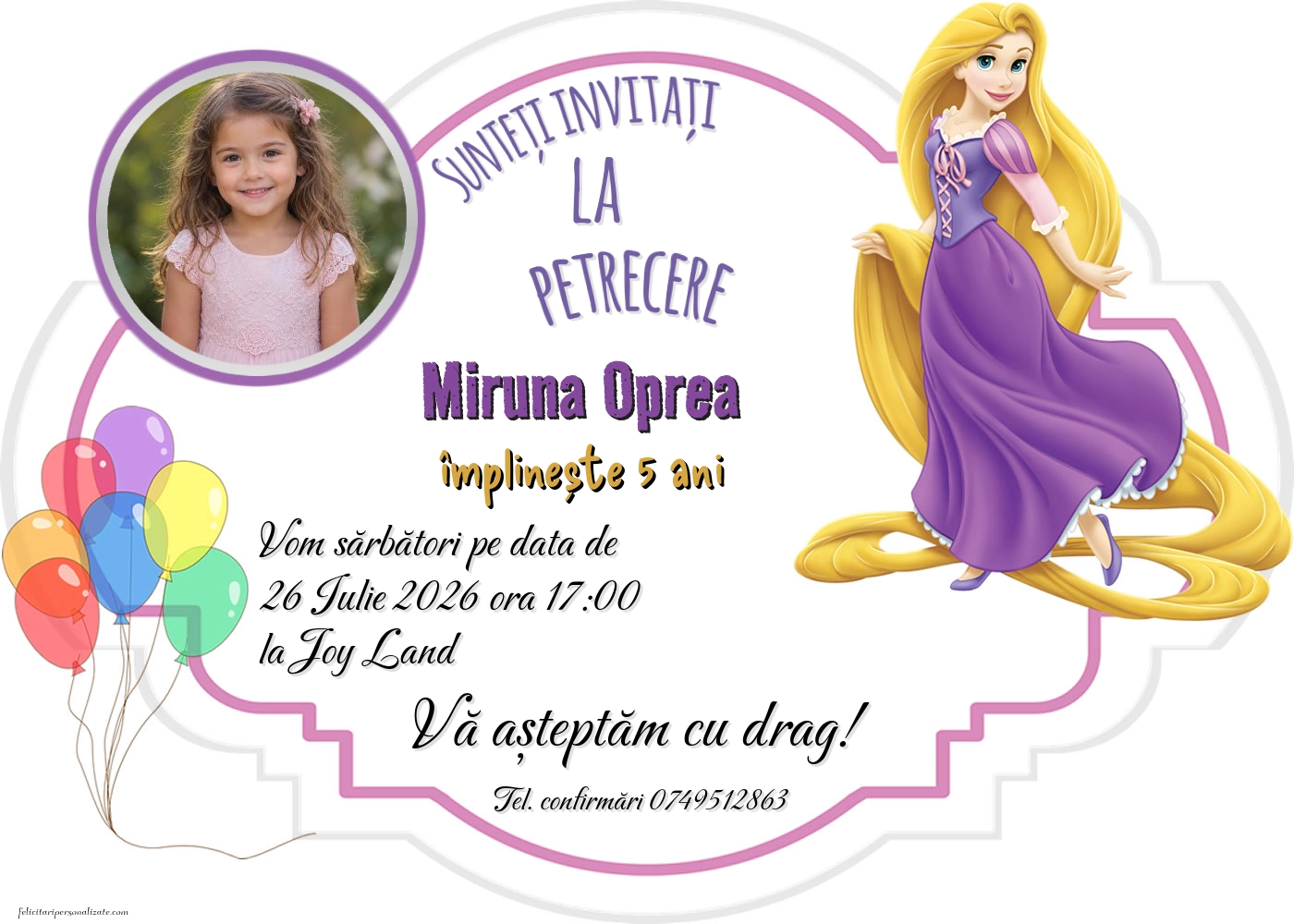 Exemplu completat: Invitație cu Rapunzel