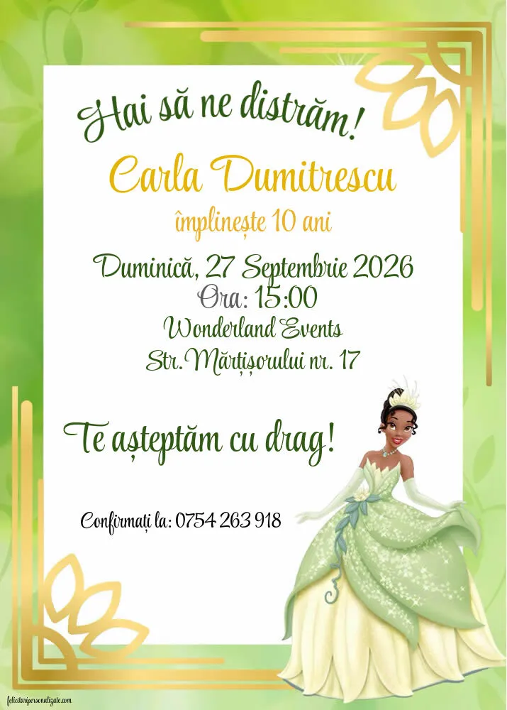Exemplu completat: Invitație cu Tiana