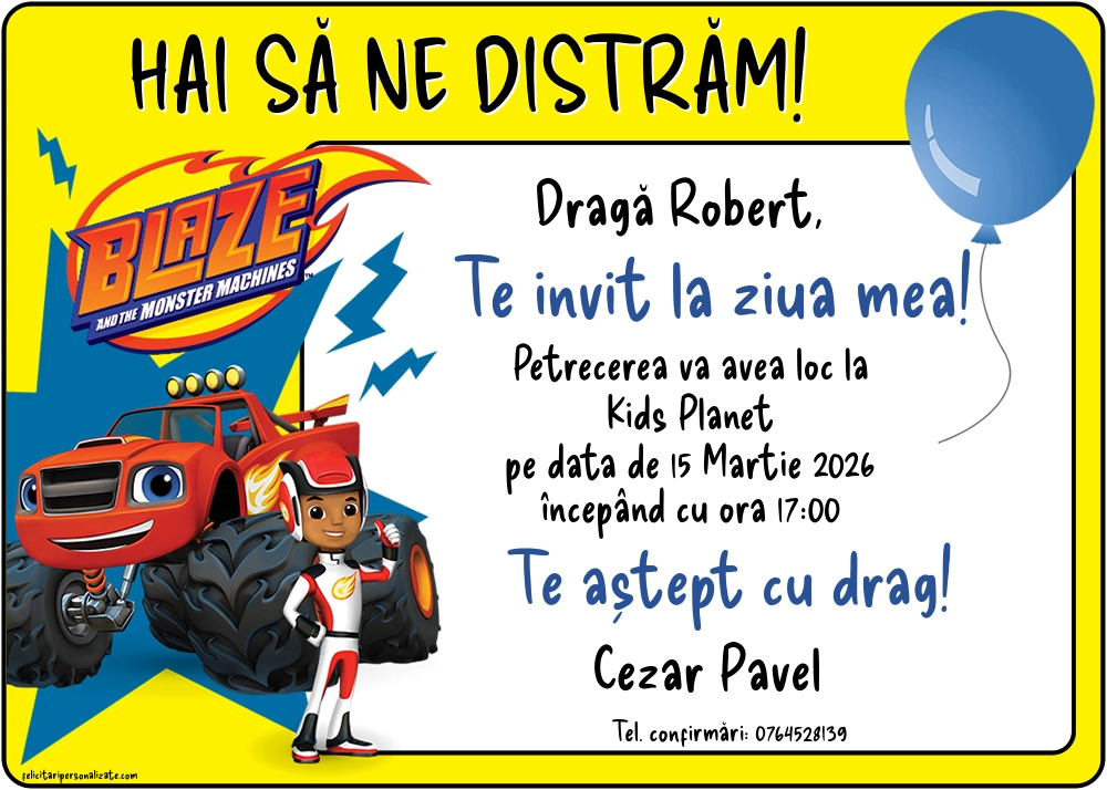 Exemplu completat: Invitație cu Blaze și mașinile uriașe