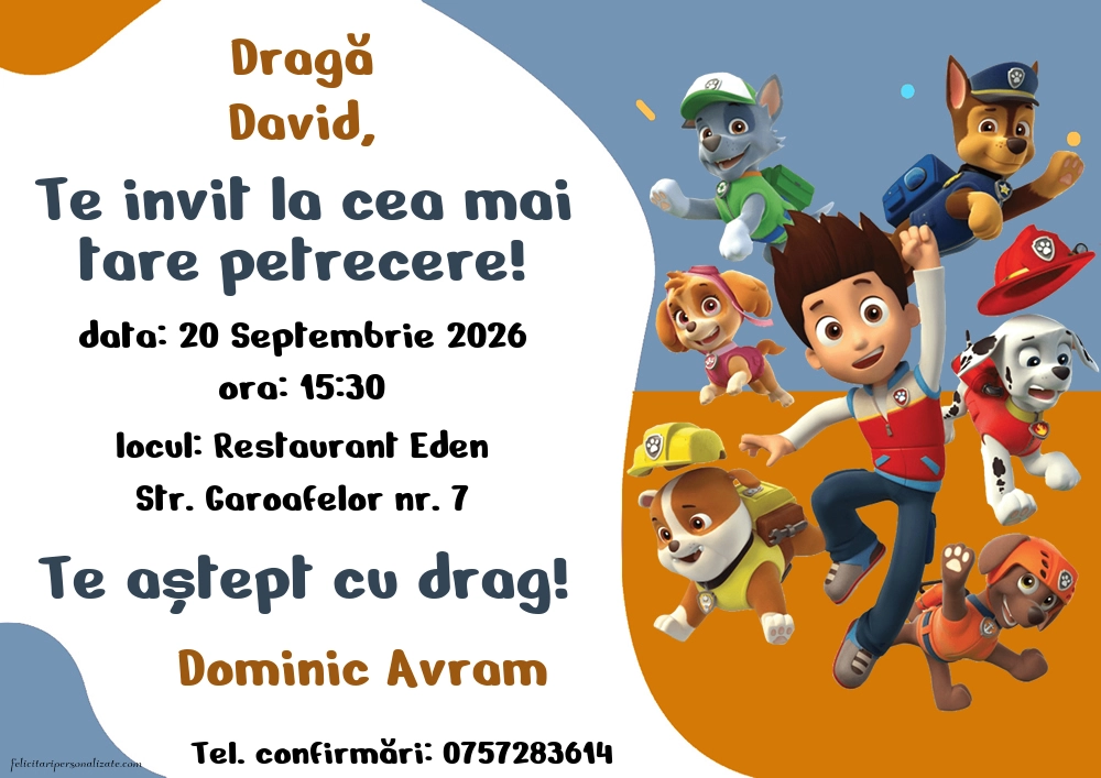 Exemplu completat: Invitație cu Patrula catelusilor