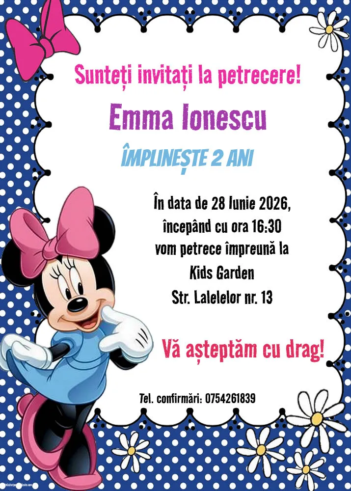 Exemplu completat: Invitație cu Minnie Mouse