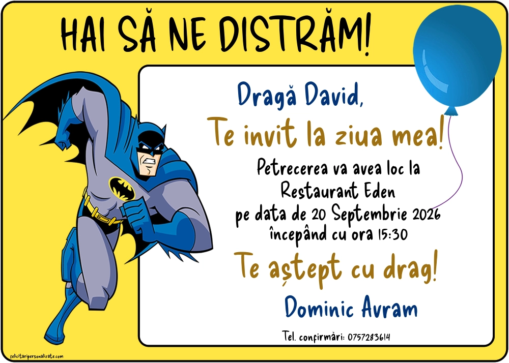 Exemplu completat: Invitație cu Batman