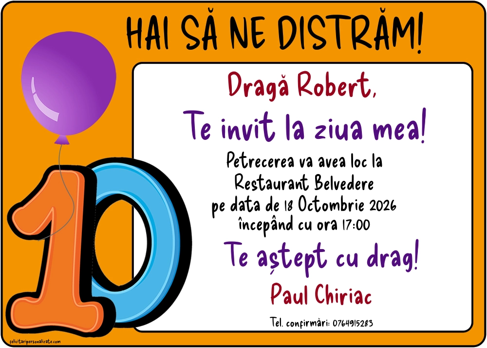Exemplu completat: Invitație pentru 10 ani