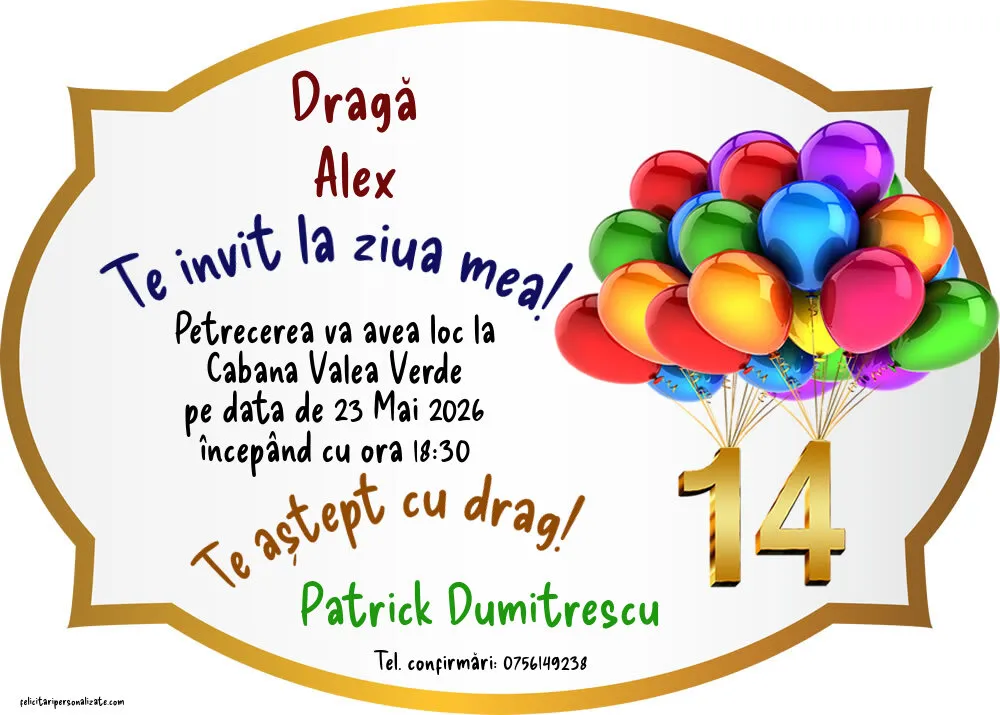 Exemplu completat: Invitație pentru 14 ani