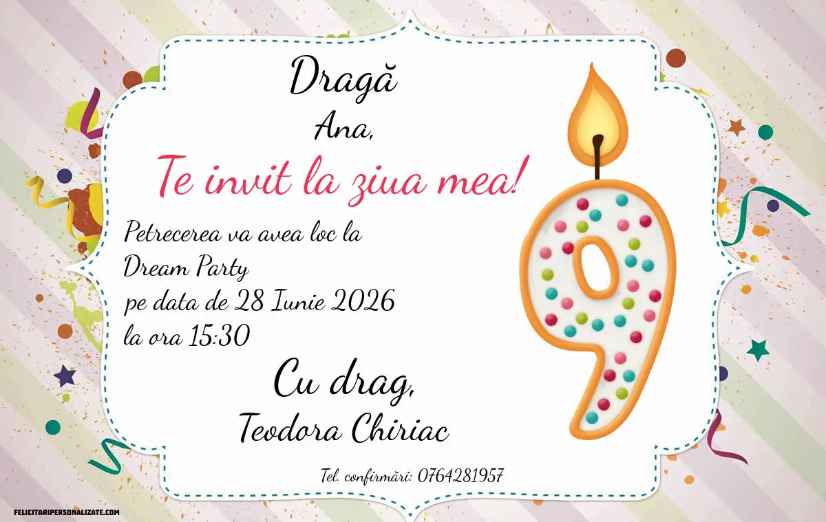 Exemplu completat: Invitație pentru 9 ani