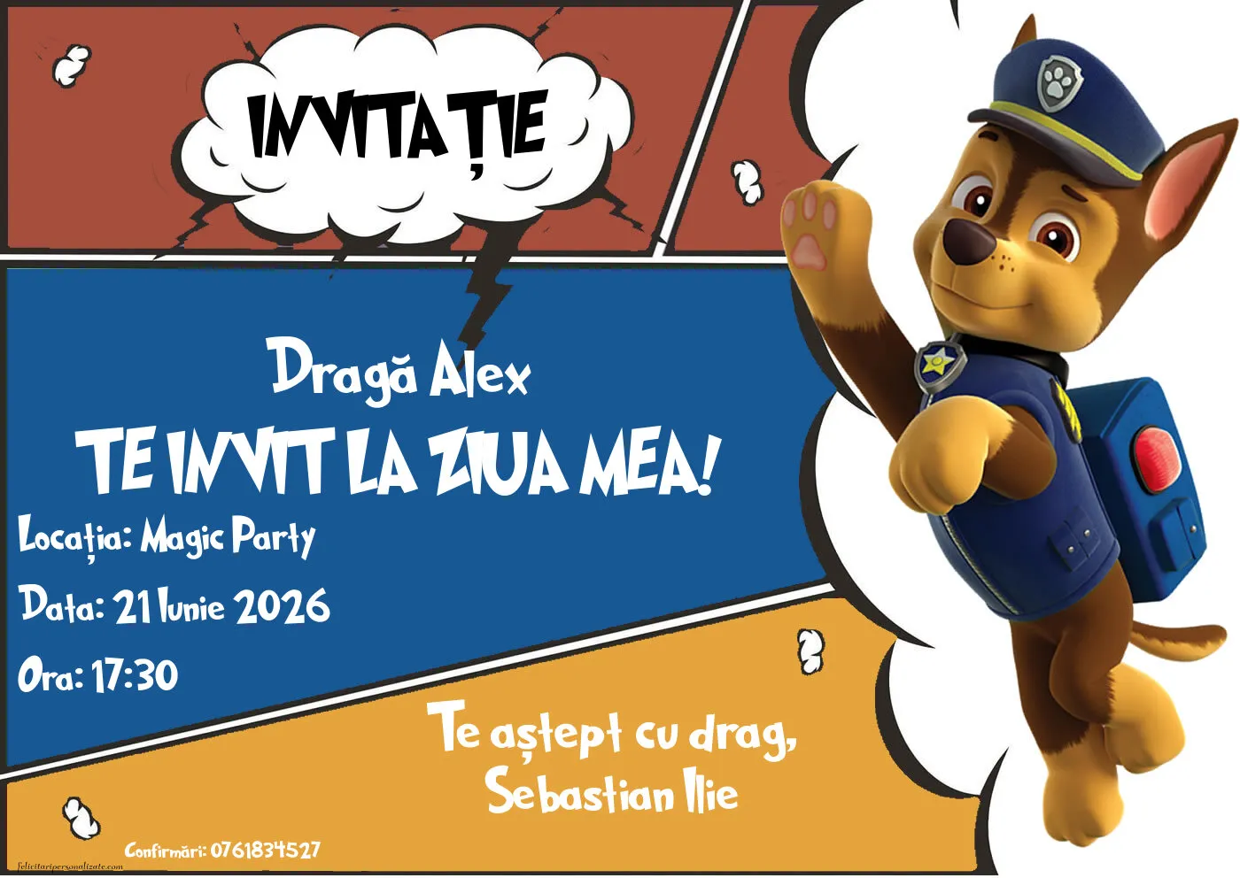 Exemplu completat: Invitație cu Patrula catelusilor