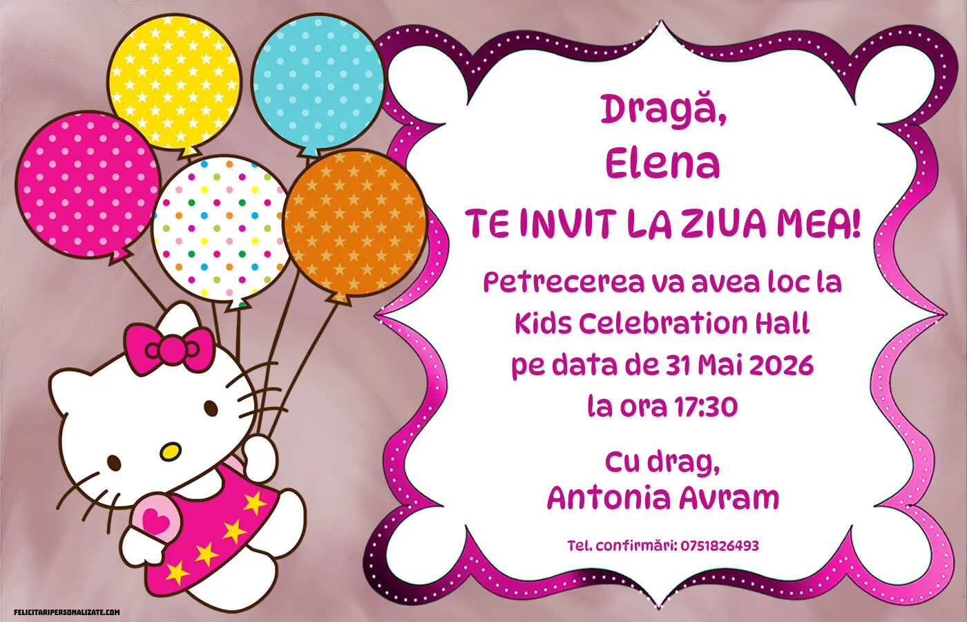 Exemplu completat: Invitație cu Hello Kitty