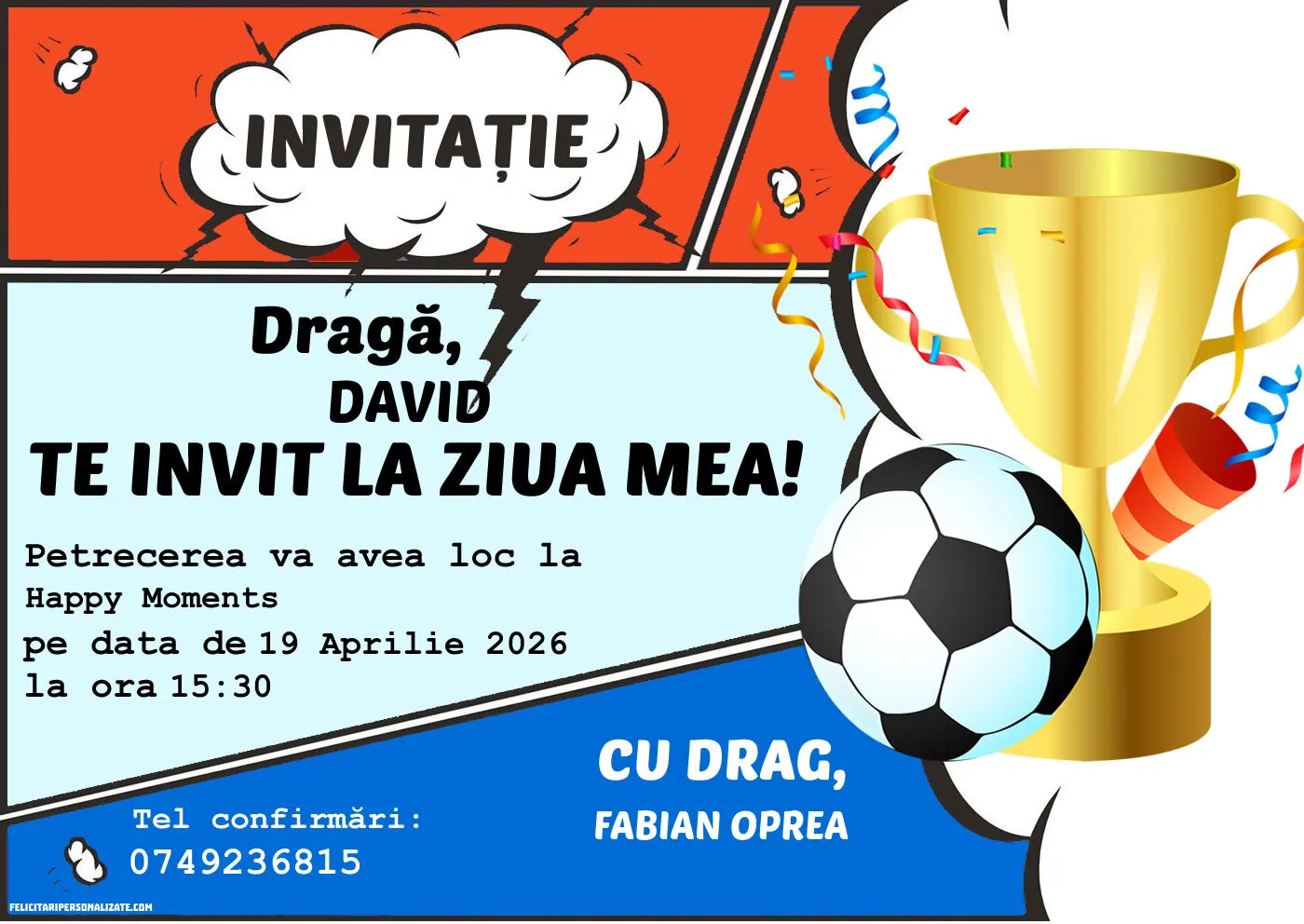 Exemplu completat: Invitație cu fotbal