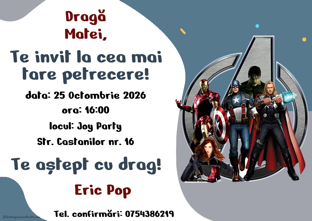 Exemplu completat: Invitație cu Avengers