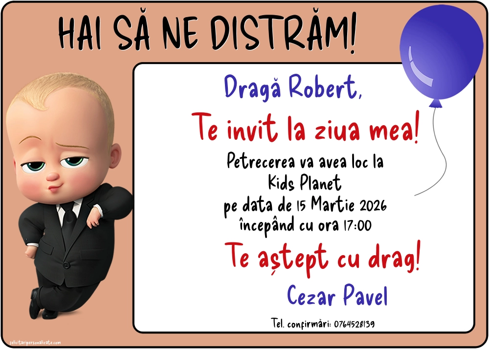Exemplu completat: Invitație cu Baby Boss