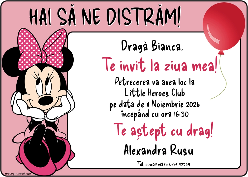 Exemplu completat: Invitație cu Minnie Mouse