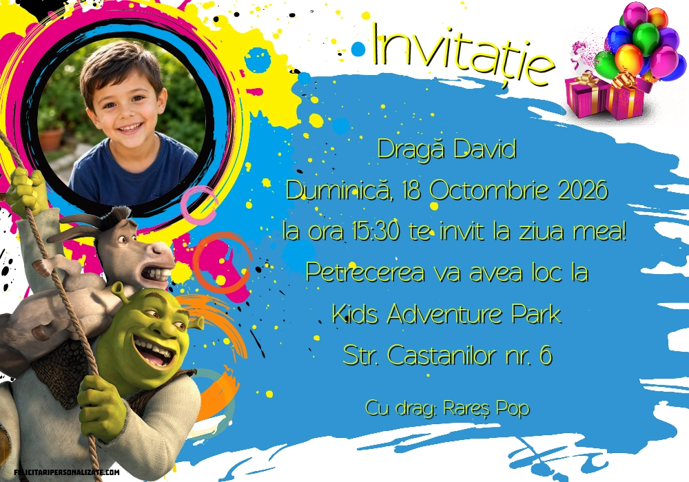 Exemplu completat: Invitație cu Shrek