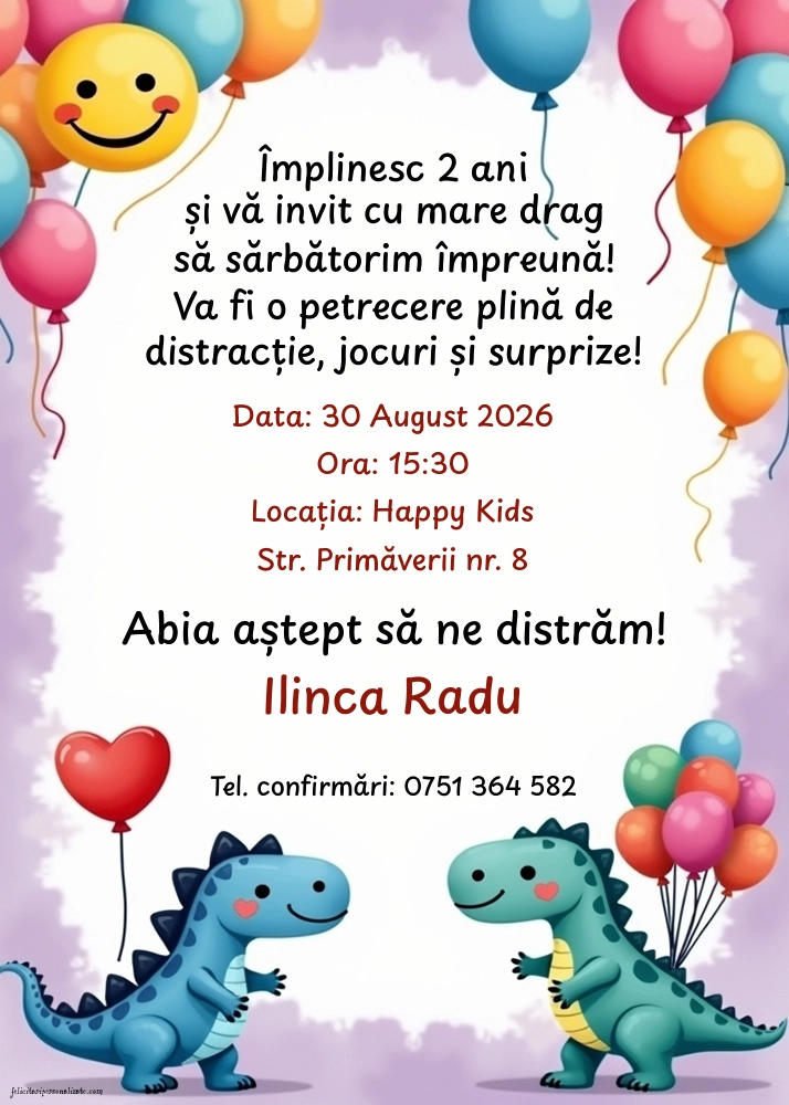 Invitație cu dinozaur