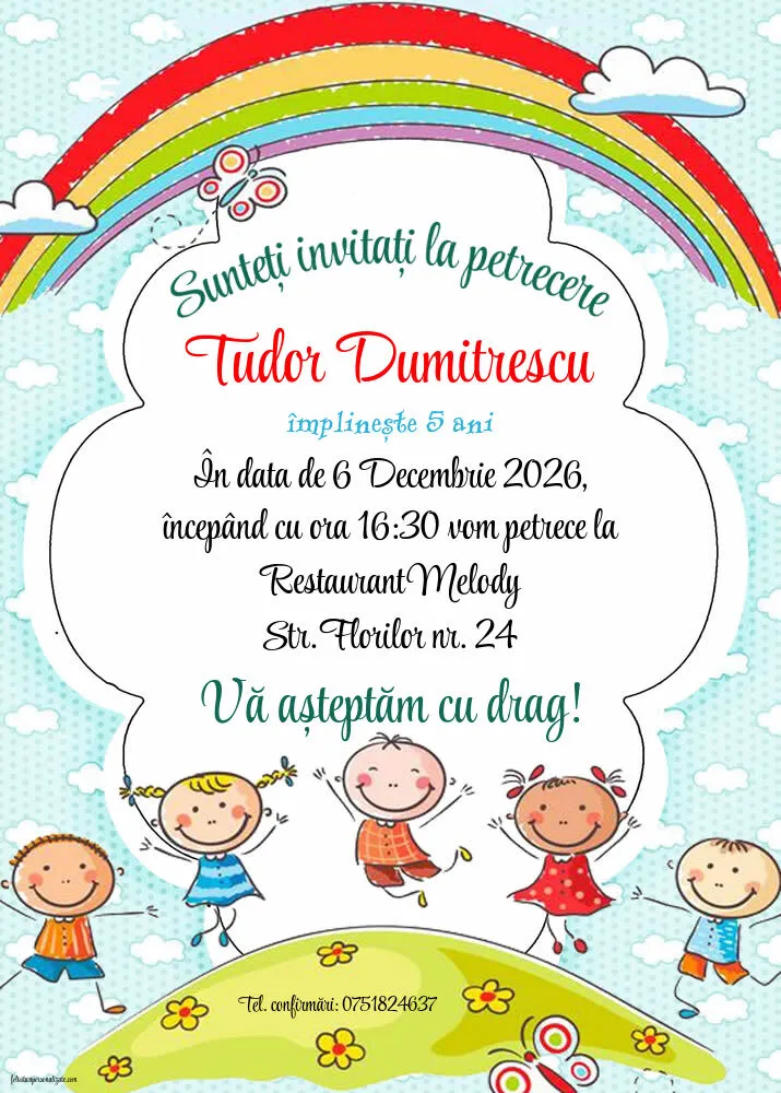 Exemplu completat: Invitație cu tema curcubeu
