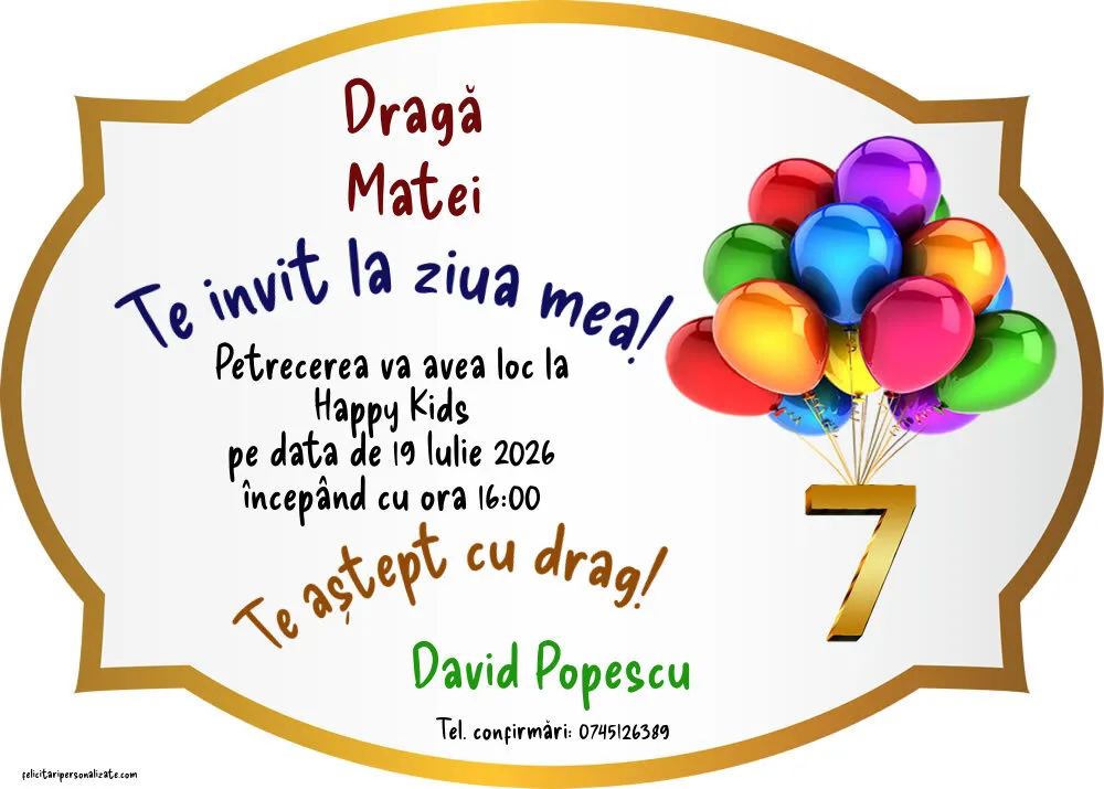 Exemplu completat: Invitație pentru 7 ani