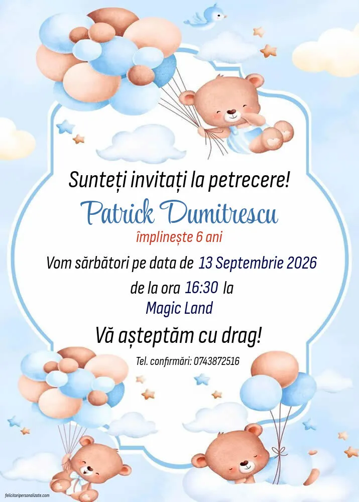 Exemplu completat: Invitație cu ursuleț