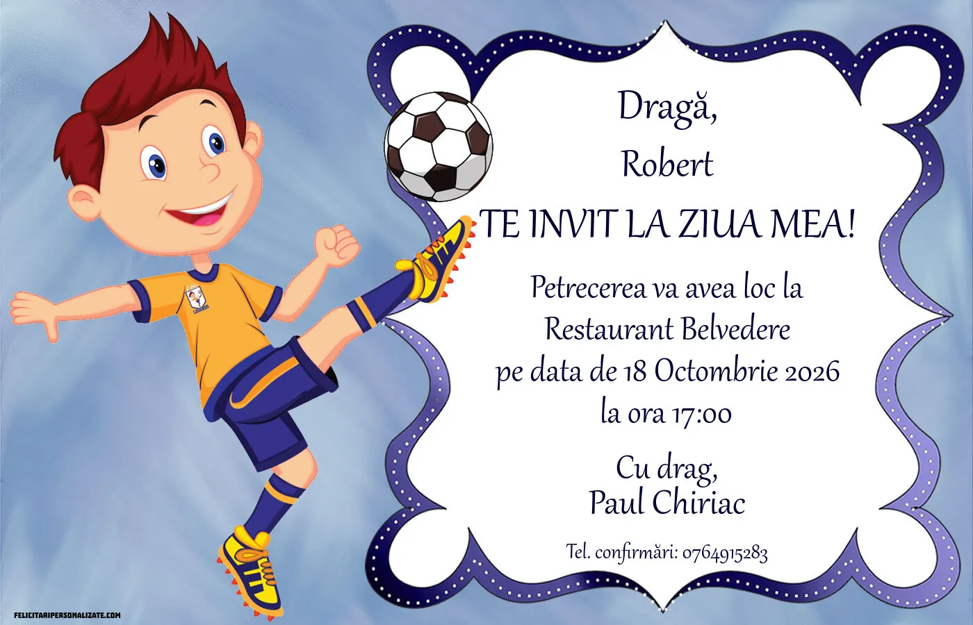Exemplu completat: Invitație cu fotbal