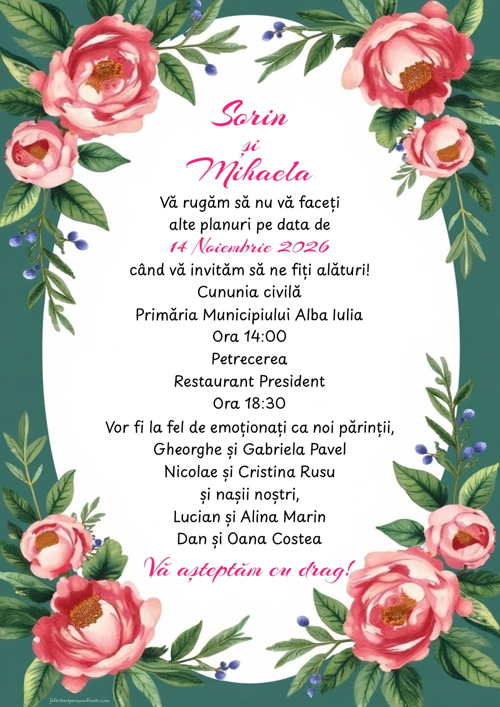 Invitație cu bujori