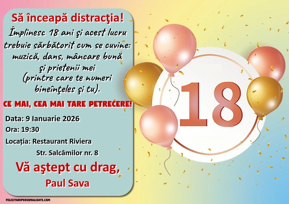 Invitație cu baloane