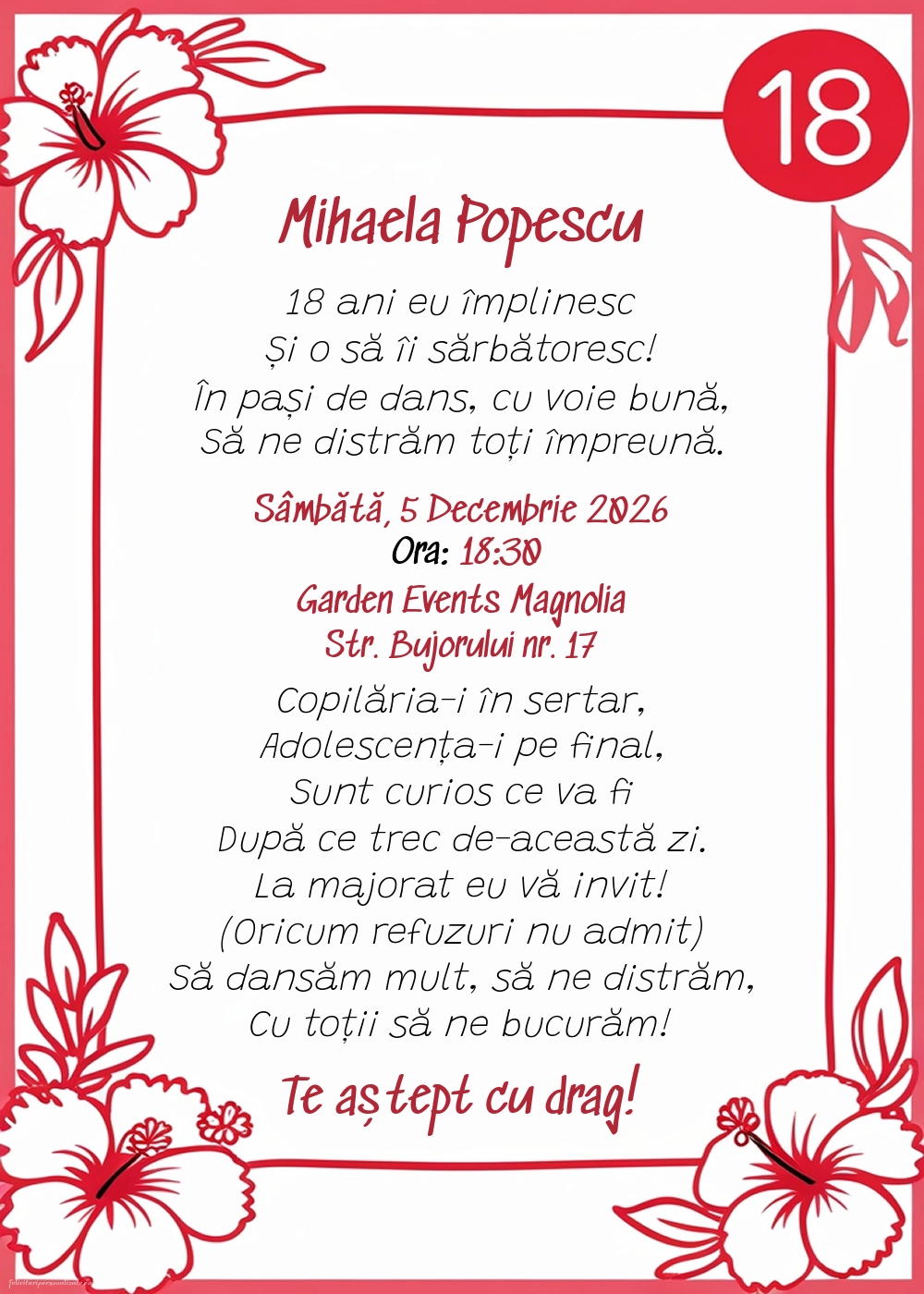 Invitație pentru 18 ani