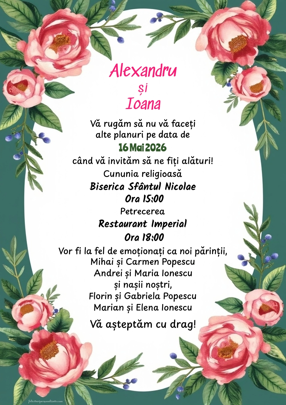 Invitație cu bujori