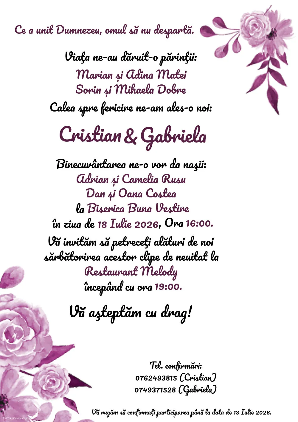 Invitație cu trandafiri