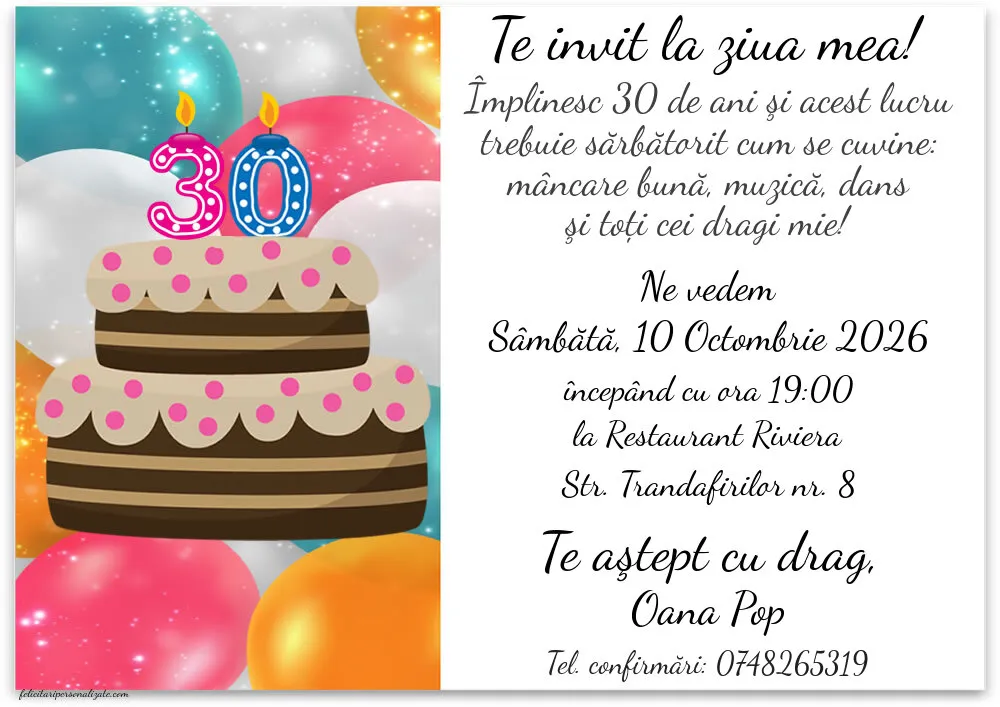 Exemplu completat: Invitație pentru 30 ani