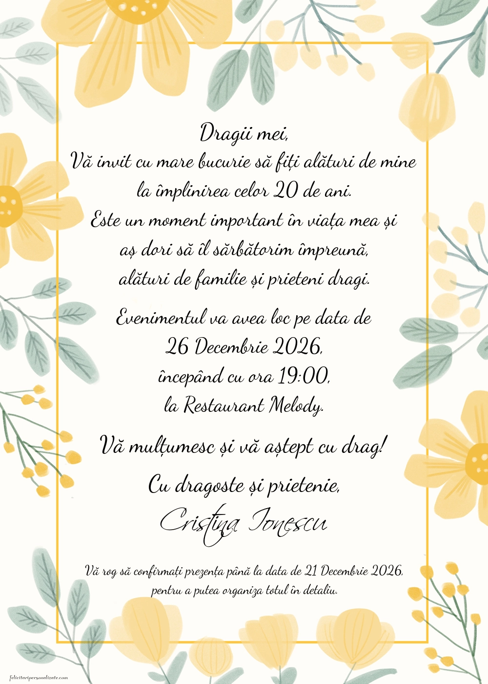 Exemplu completat: Invitație cu flori