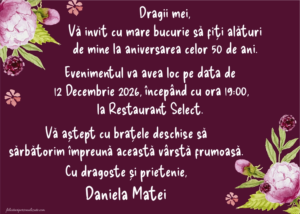 Exemplu completat: Invitație pentru 50 ani